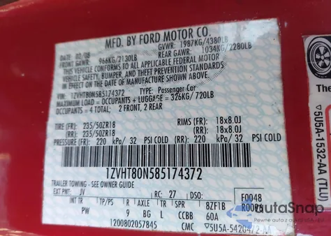 2008 Ford Mustang V6 Deluxe/V6 Premium из США, поврежденный, VIN 1ZVHT80N585174372